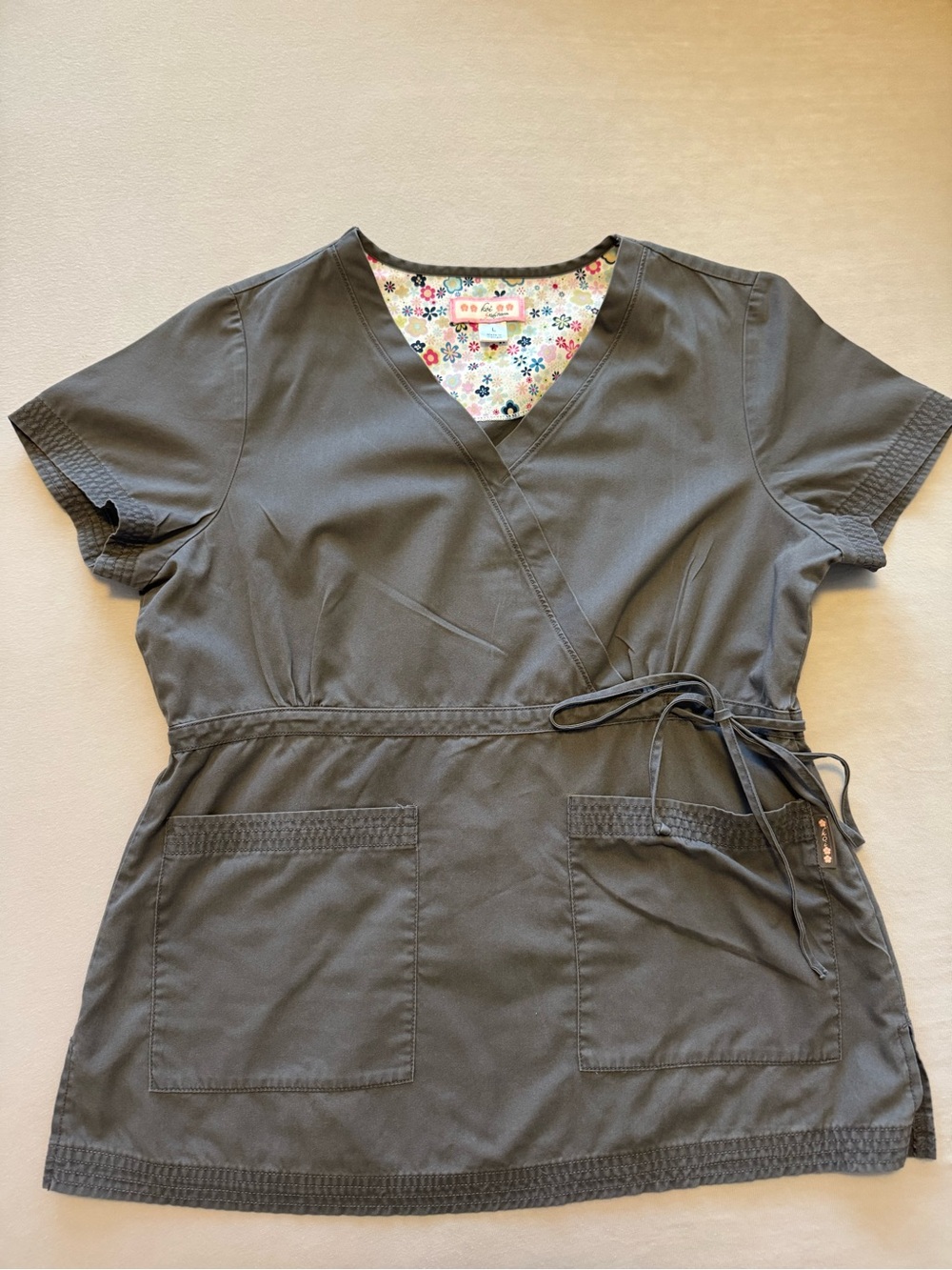 Koi by Kathy Peterson Wrap Scrub Top, Charcoal/Grey